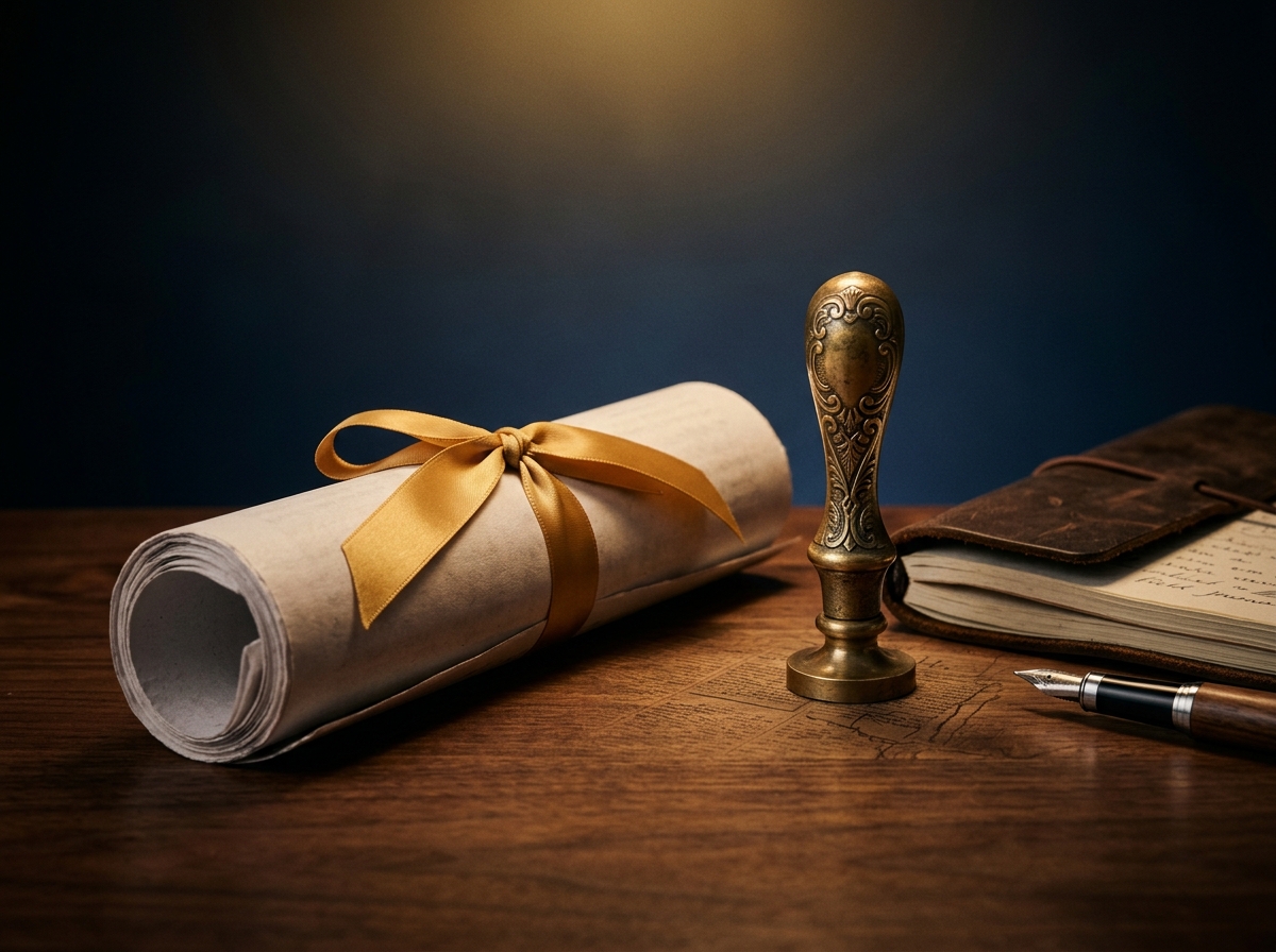 OGO Weekly Notary Brief Issue 01 cover — rolled newsletter, brass notary seal, fountain pen, and leather journal on a walnut desk