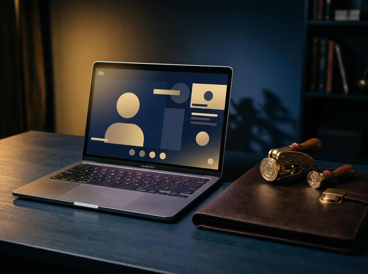 Modern laptop displaying an abstract remote-signing interface on a slate-blue desk beside a leather portfolio and brass notary seal