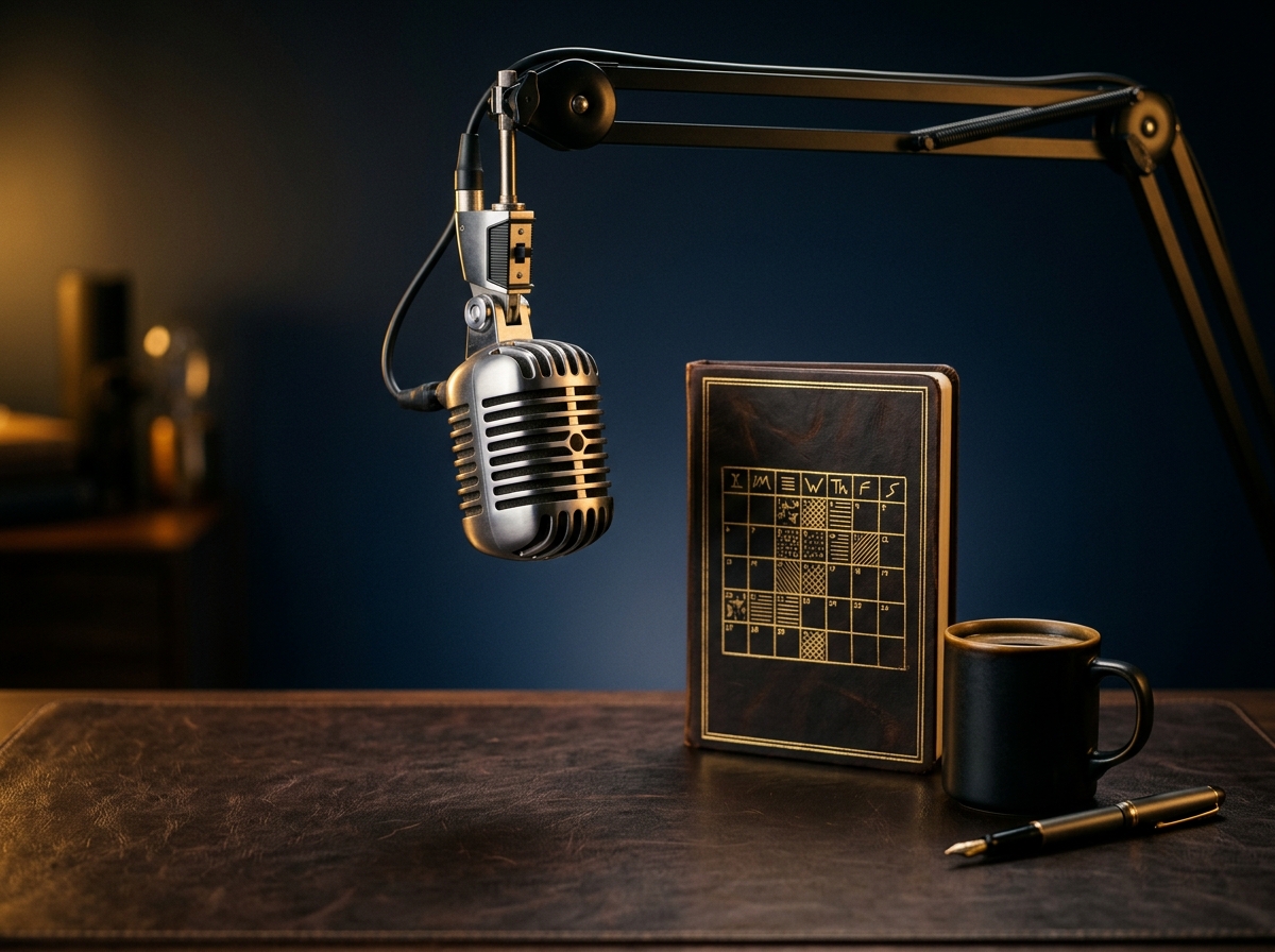 Vintage broadcast microphone on a boom arm above a leather notebook with a 30-day calendar grid, coffee mug, and fountain pen