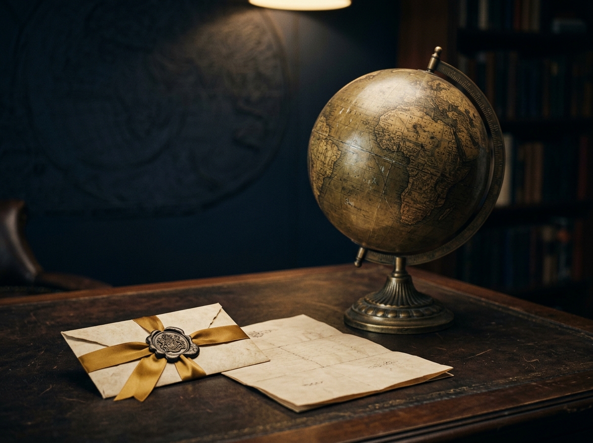 Brass world globe beside a wax-sealed envelope on a dark leather desk, evoking international document authentication