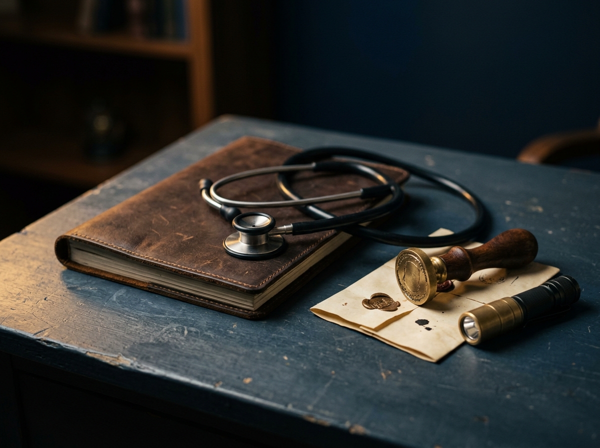 Stethoscope curled around a leather-bound field manual with a brass notary seal, folded document, and compact flashlight on a slate-blue desk