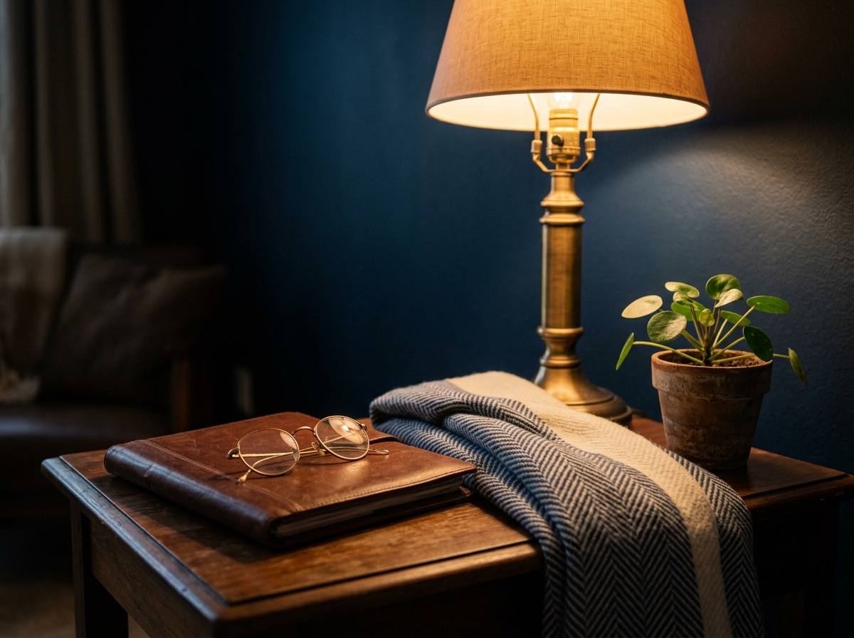 Warm bedside scene with a brass lamp, folded blanket, vintage reading glasses on a leather portfolio, and a small potted plant