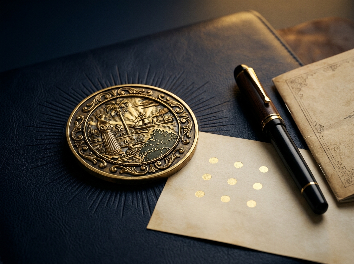 Brass sunburst medallion on navy leather with nine gold accent dots on parchment, symbolizing Florida's nine notary requirements