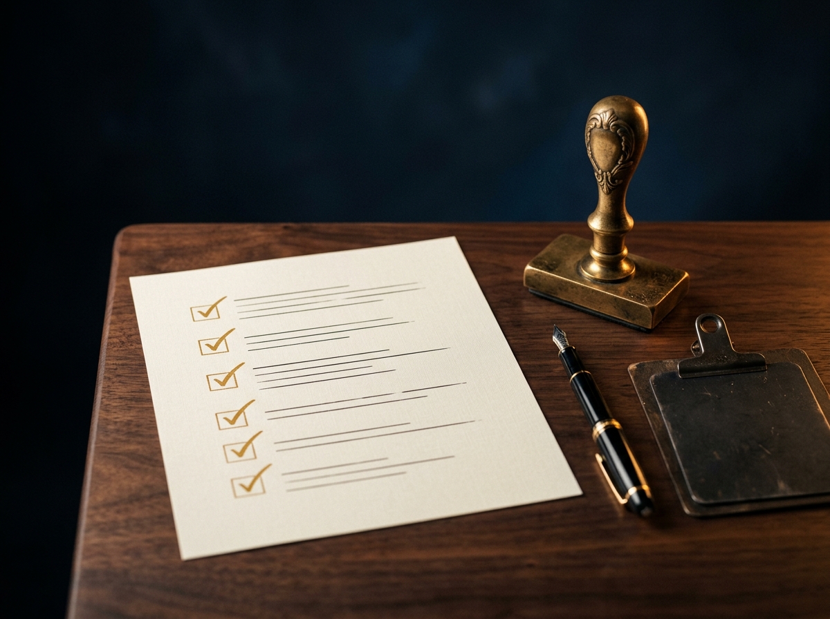 Checklist page with gold checkmarks resting on a walnut desk beside a brass notary stamp and fountain pen