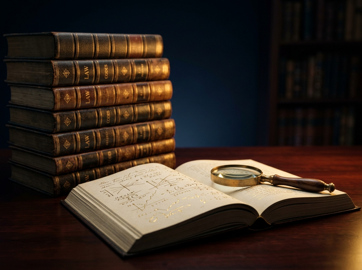 Stack of leather-bound legal books with gold spines beside an open ledger and magnifying glass on a mahogany desk