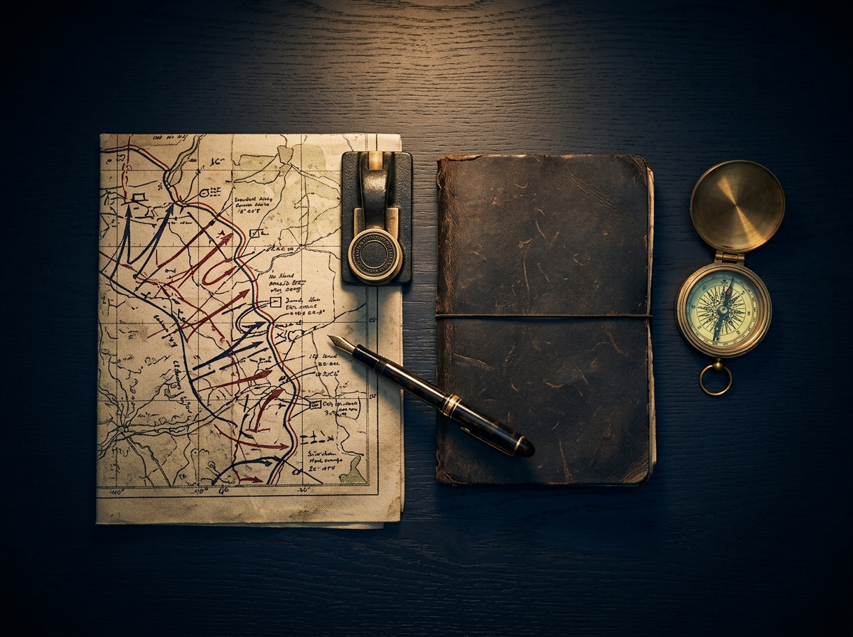 OGO Mobile Notary Field Execution Standard — tactical planning table with a folded map, leather field notebook, and brass compass