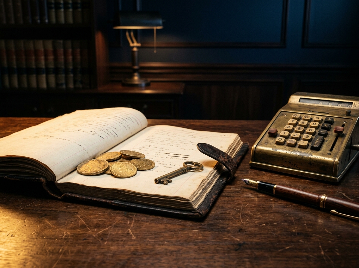 Leather ledger book open beside a small stack of gold coins, a brass calculator, and an antique key on a walnut desk