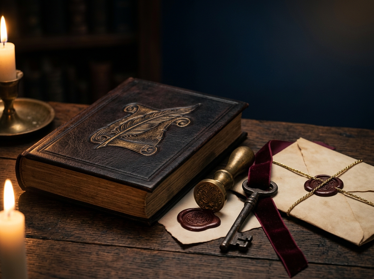 Heirloom leather-bound book with an embossed quill motif beside a brass wax seal, antique key, and testament envelope tied with gold cord